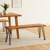Wooden Dining Bench with Live Edge Details and Metal Legs, Brown