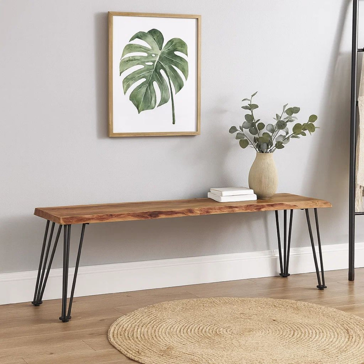 Wooden Dining Bench with Live Edge Details and Metal Legs, Brown