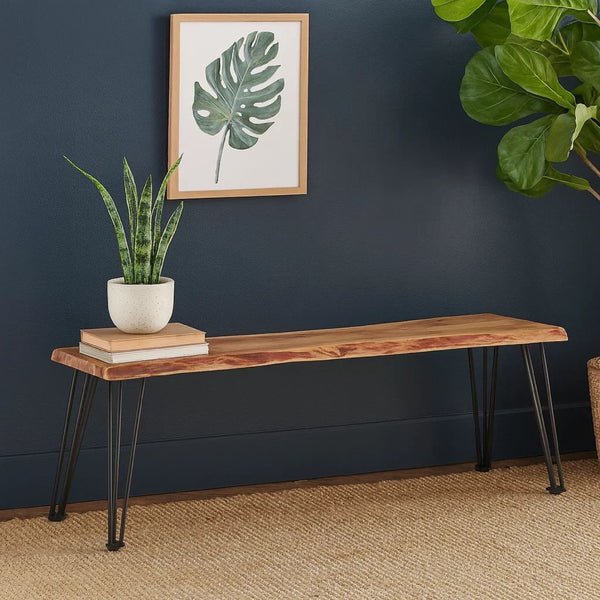 Wooden Dining Bench with Live Edge Details and Metal Legs, Brown