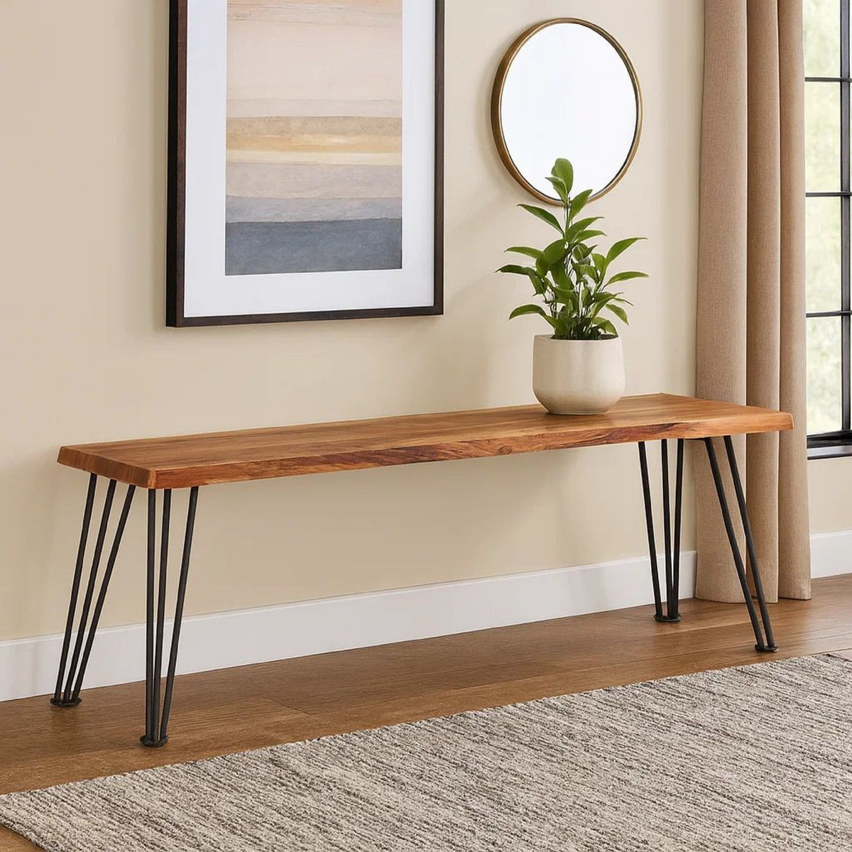 Wooden Dining Bench with Live Edge Details and Metal Legs, Brown