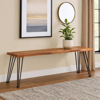 Wooden Dining Bench with Live Edge Details and Metal Legs, Brown