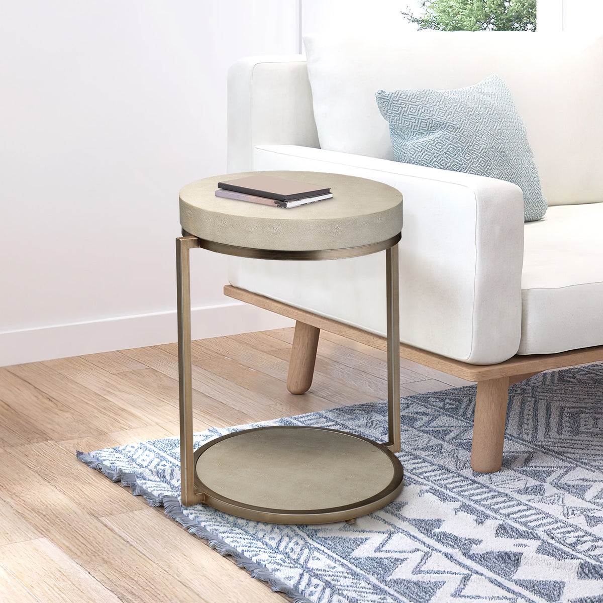 Metal Side Table with Round Top and Bottom, White and Gold  - BM242112
