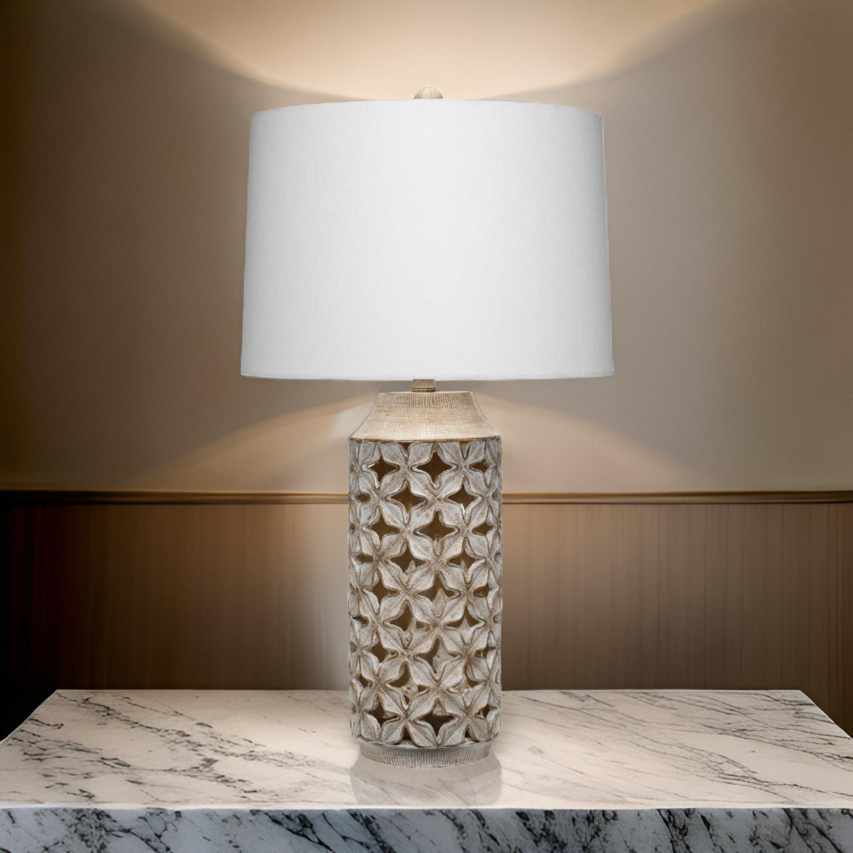Resin Table Lamp with Geometric Cutouts, White and Gray  - BM242118