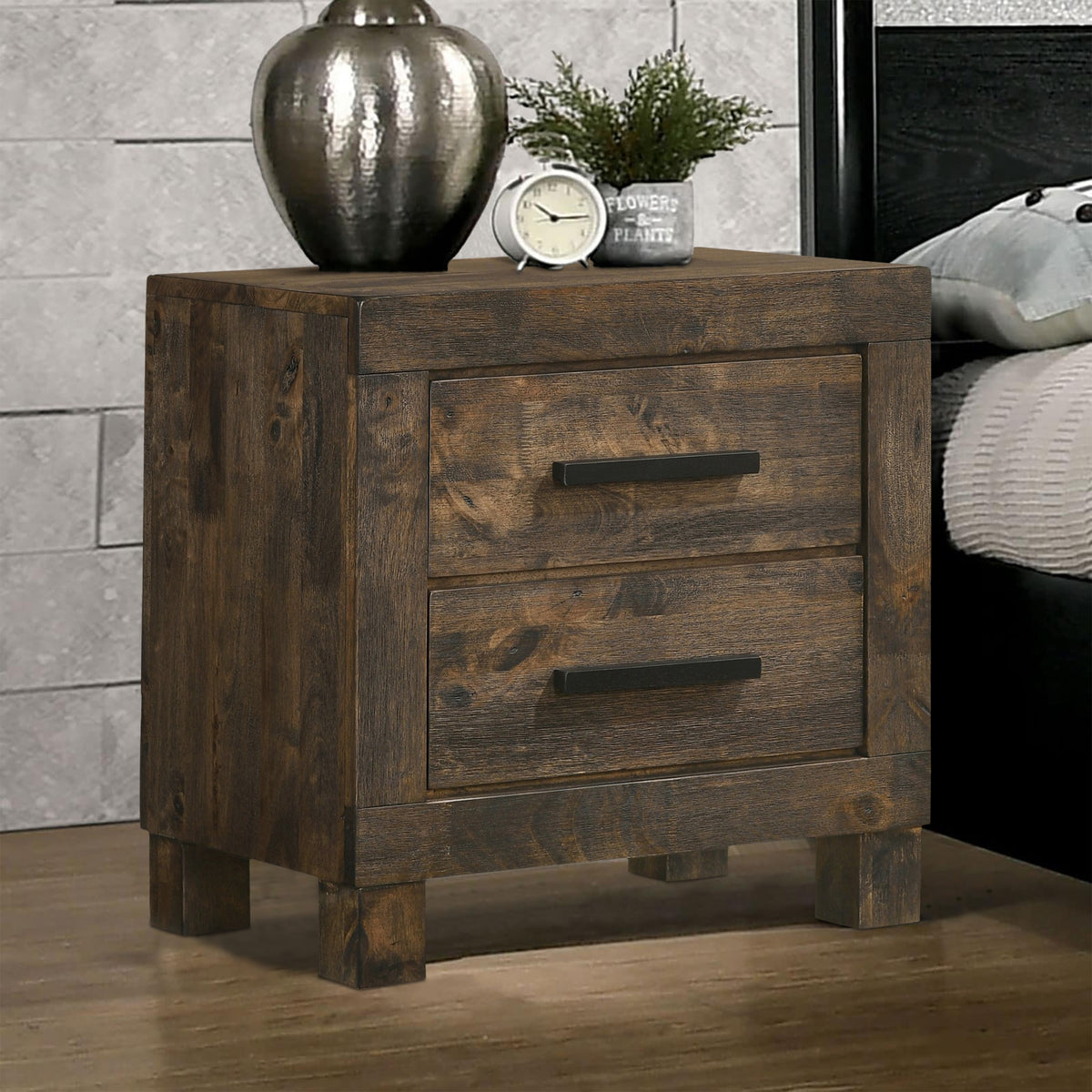 Wooden Nightstand with 2 Drawers and Grain Details, Brown  - BM242616
