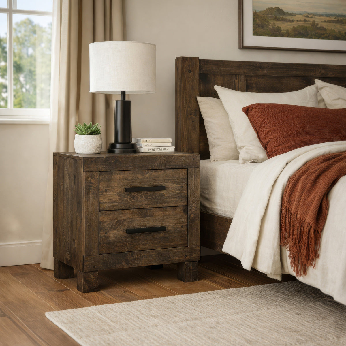 Wooden Nightstand with 2 Drawers and Grain Details, Brown  - BM242616