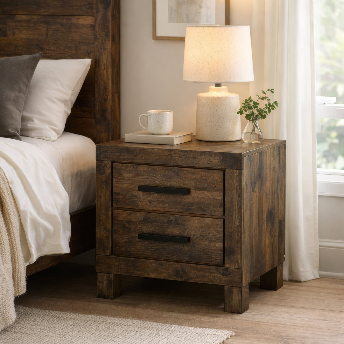 Wooden Nightstand with 2 Drawers and Grain Details, Brown  - BM242616