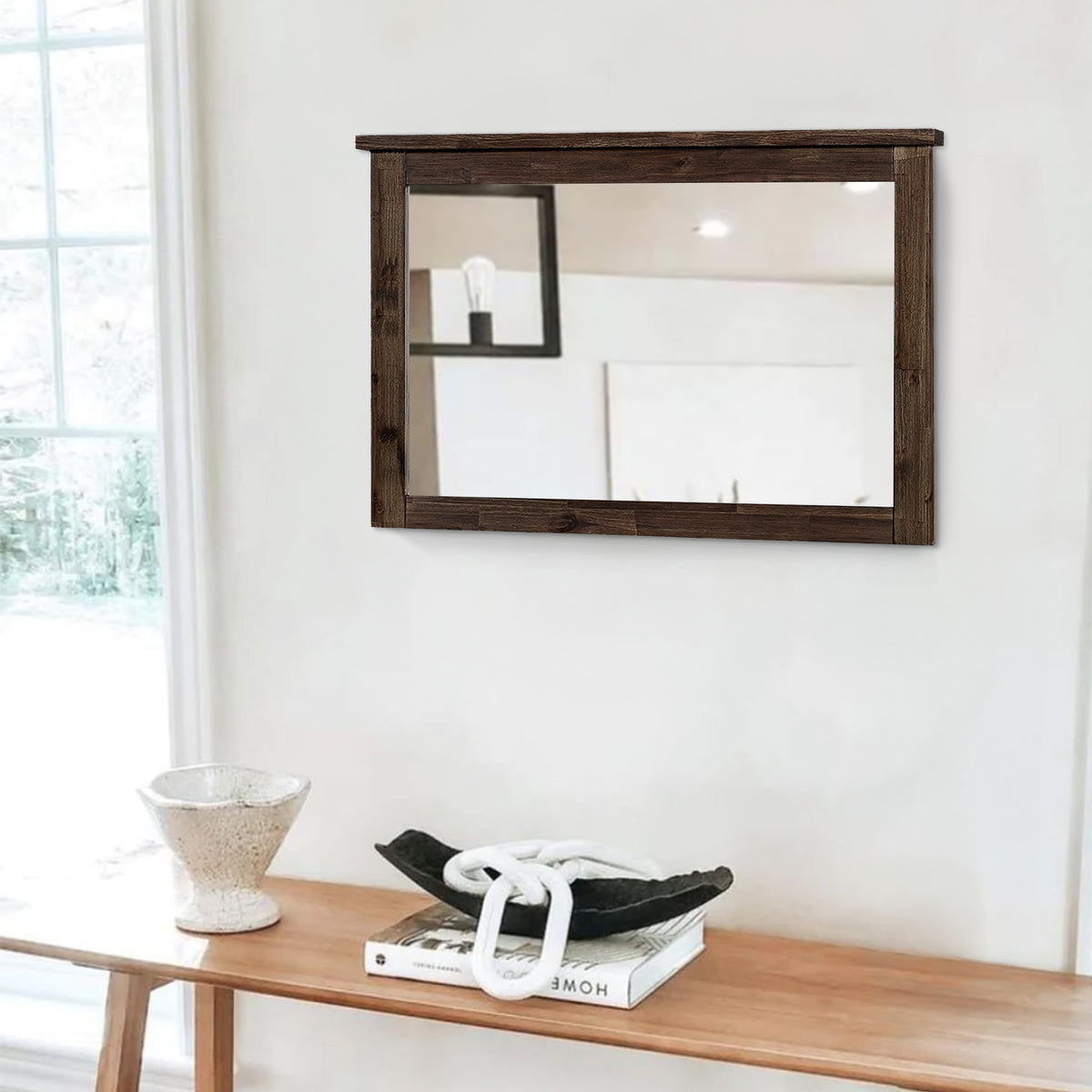 Rectangular Mirror with Wooden Encasing and Grains, Brown