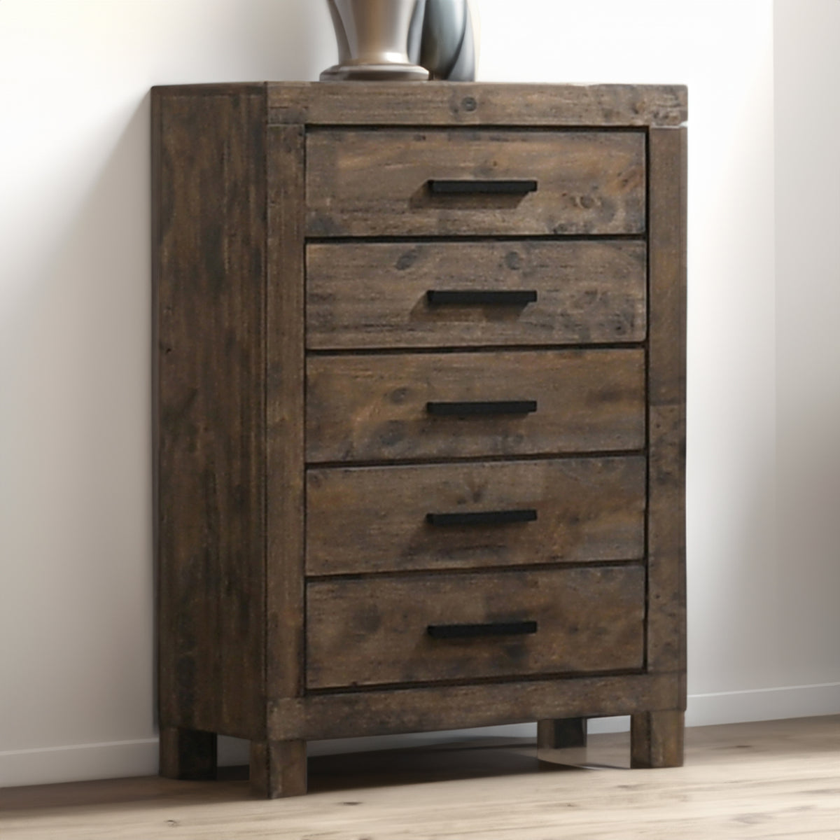 Wooden Chest with 5 Drawers and Grain Details, Brown  - BM242619