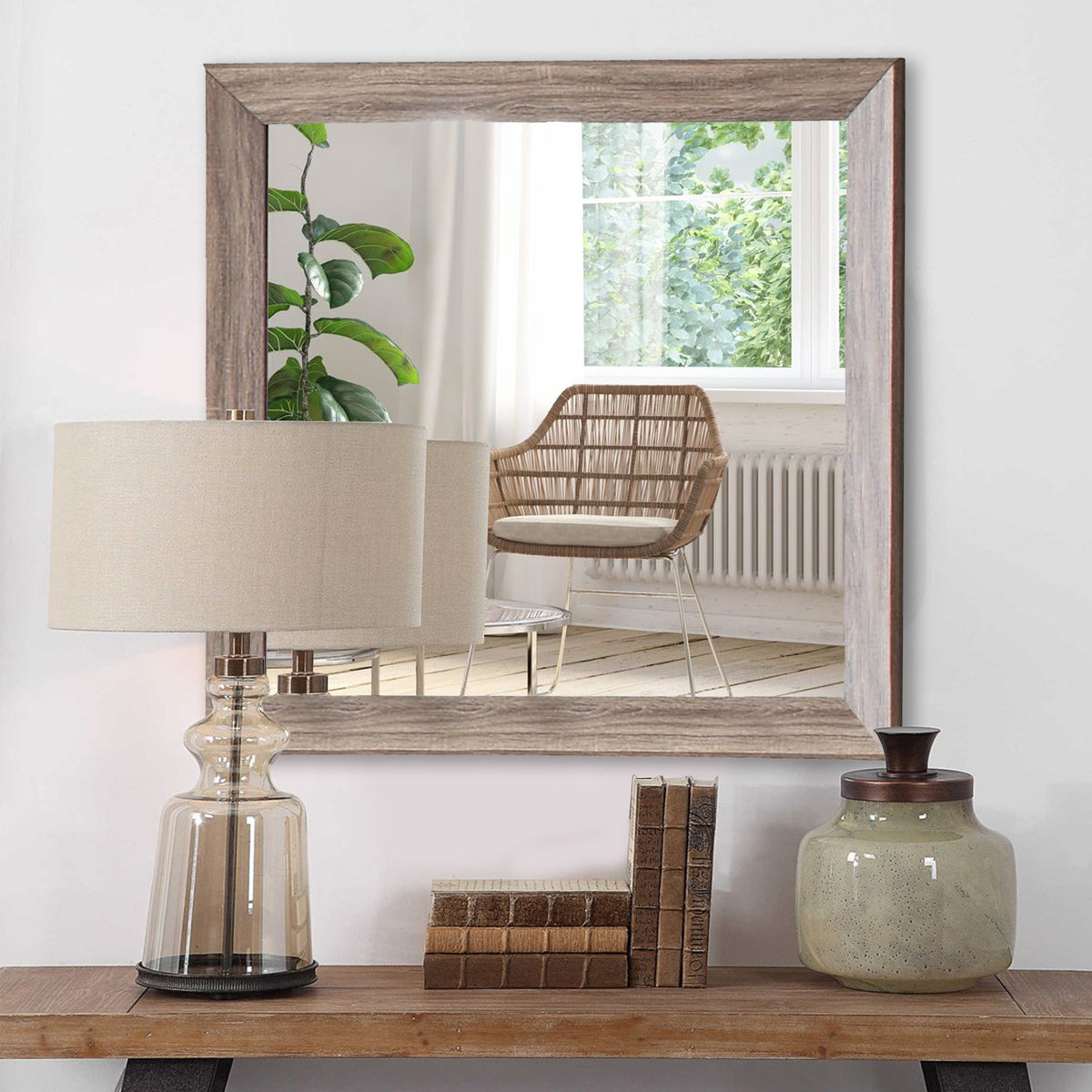 Mirror with Rectangle Wooden Frame and Washed Look, Brown  - BM242633