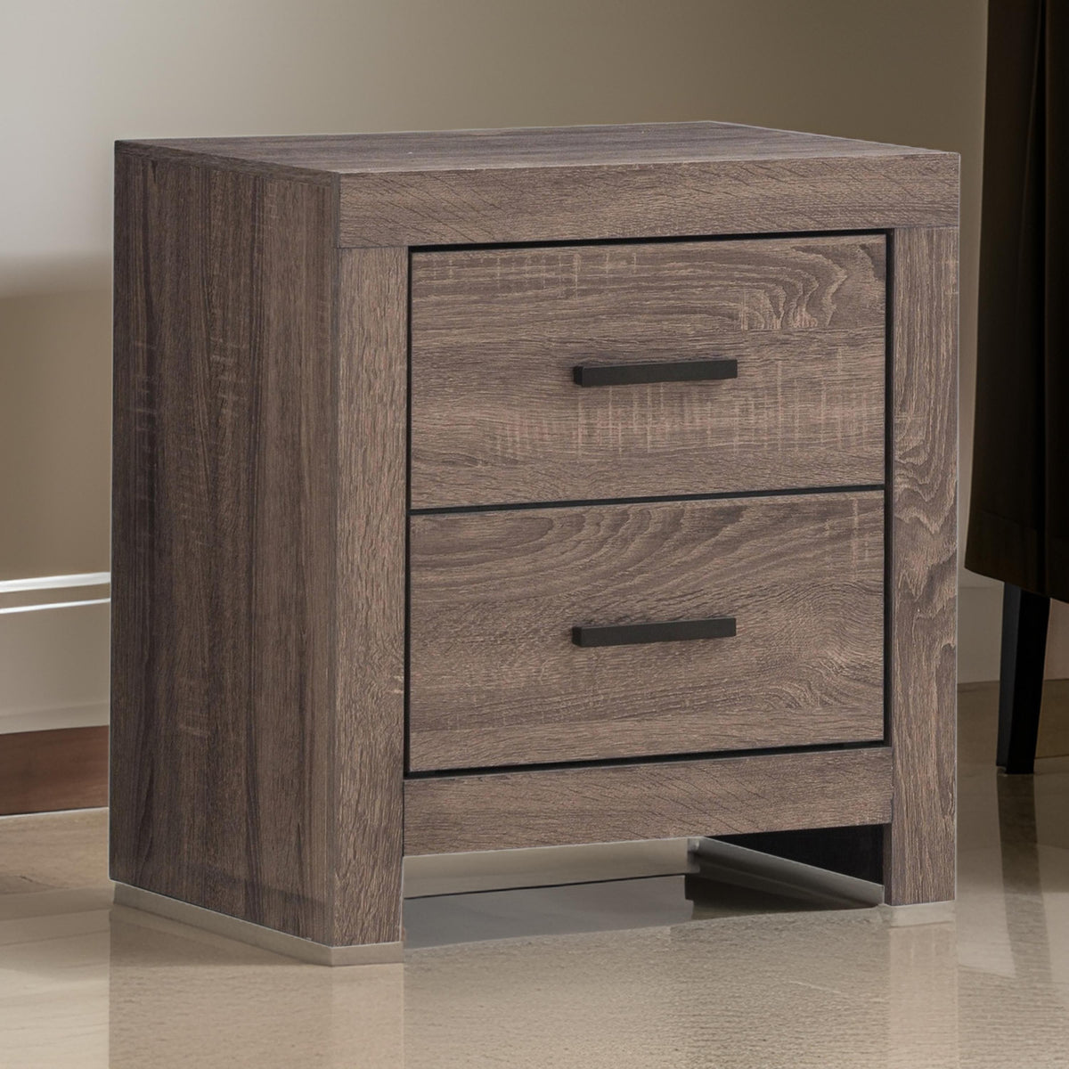 2 Drawer Nightstand with Metal Bar Pulls, Brown  - BM242646