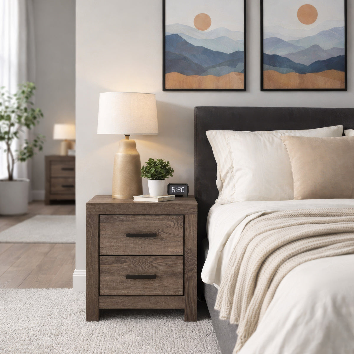 2 Drawer Nightstand with Metal Bar Pulls, Brown  - BM242646