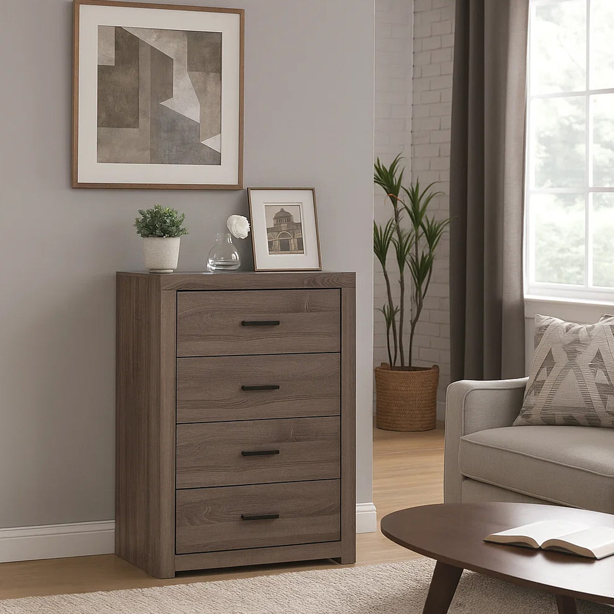 4 Drawer Chest with Metal Bar Pulls, Brown  - BM242649