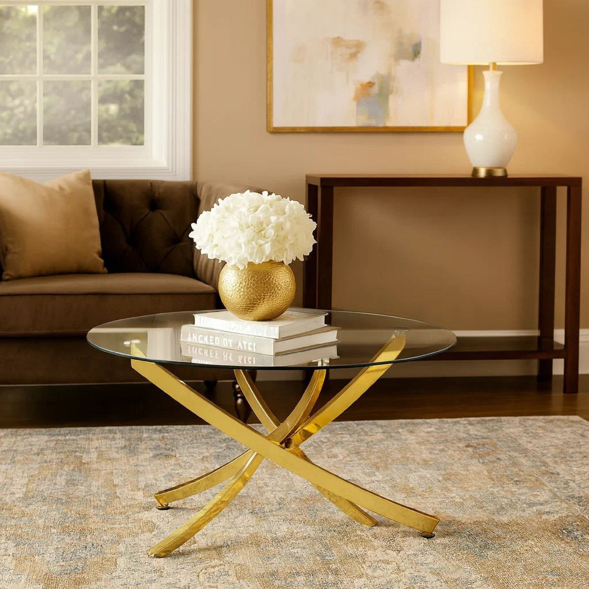 Dining Table with Glass Top and Curved Design Metal Base, Gold-BM242698