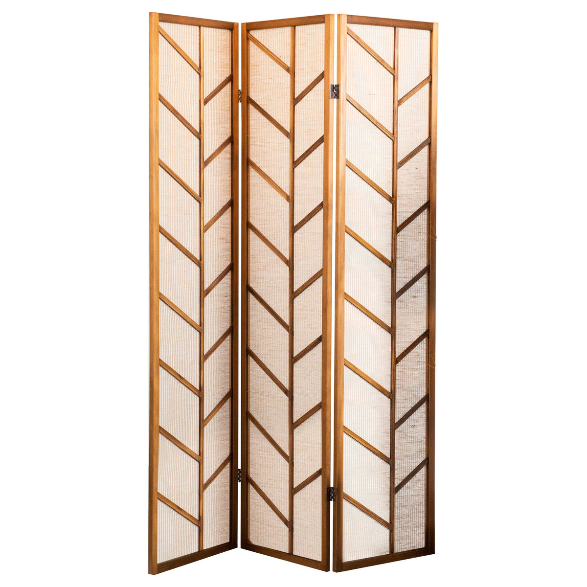 3 Panel Screen with Jute Linen Fabric and Wooden Frame, Brown and Beige  - BM242728