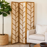 3 Panel Screen with Jute Linen Fabric and Wooden Frame, Brown and Beige  - BM242728