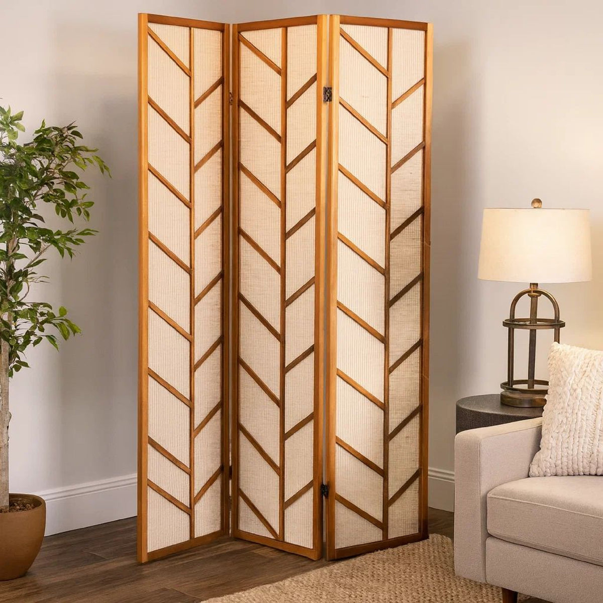 3 Panel Screen with Jute Linen Fabric and Wooden Frame, Brown and Beige  - BM242728