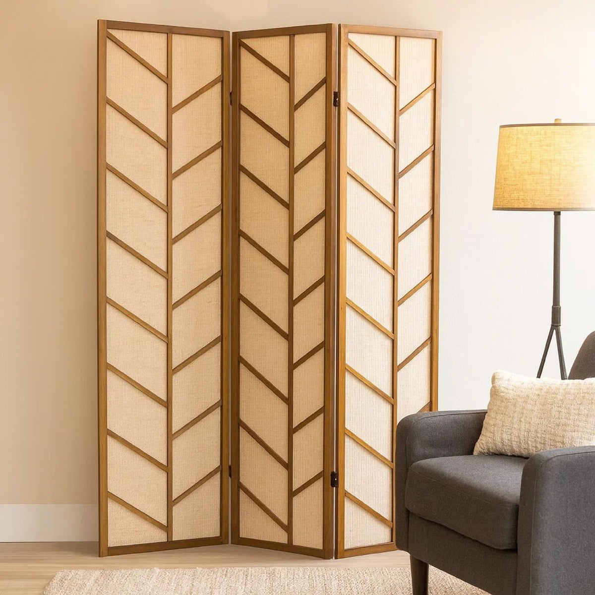 3 Panel Screen with Jute Linen Fabric and Wooden Frame, Brown and Beige  - BM242728