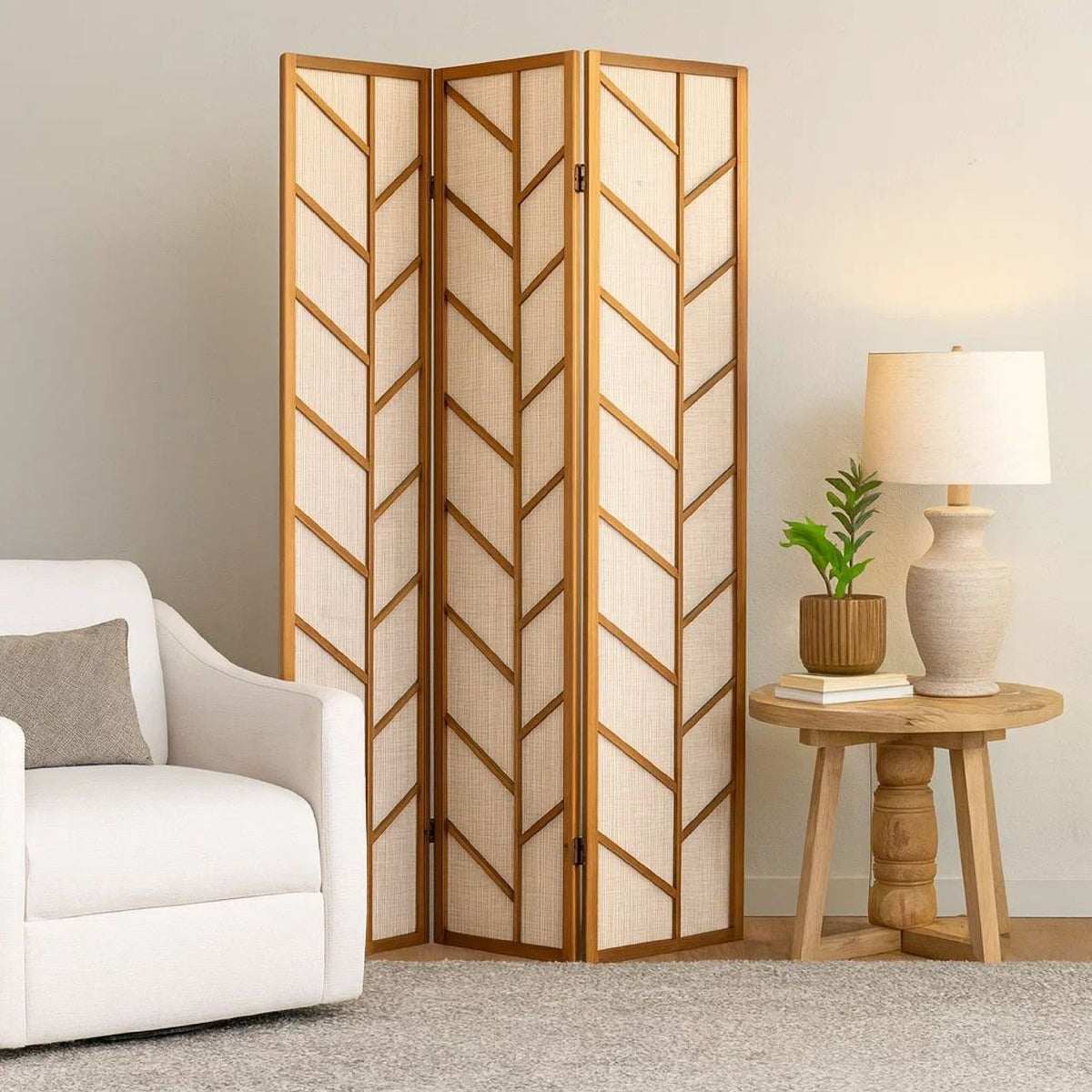 3 Panel Screen with Jute Linen Fabric and Wooden Frame, Brown and Beige  - BM242728