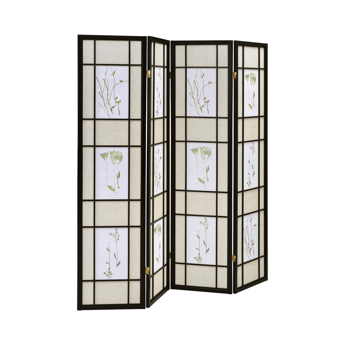 4 Panel Screen with Floral Print Detailing and Wooden Frame, Black  - BM242729