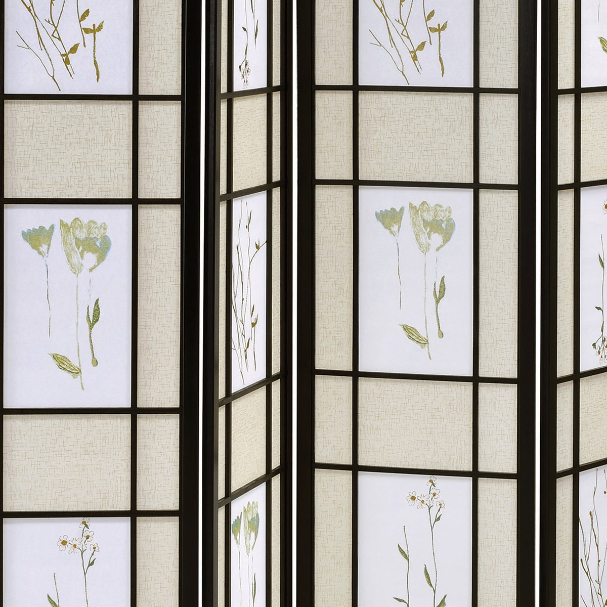 4 Panel Screen with Floral Print Detailing and Wooden Frame, Black  - BM242729