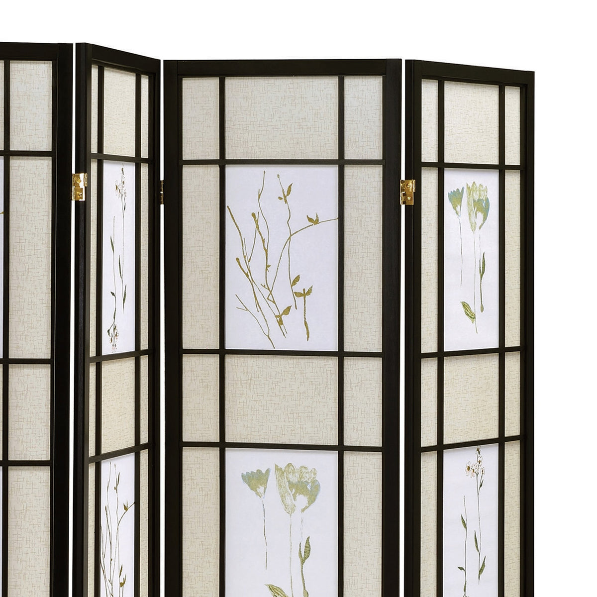 4 Panel Screen with Floral Print Detailing and Wooden Frame, Black  - BM242729