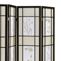 4 Panel Screen with Floral Print Detailing and Wooden Frame, Black  - BM242729