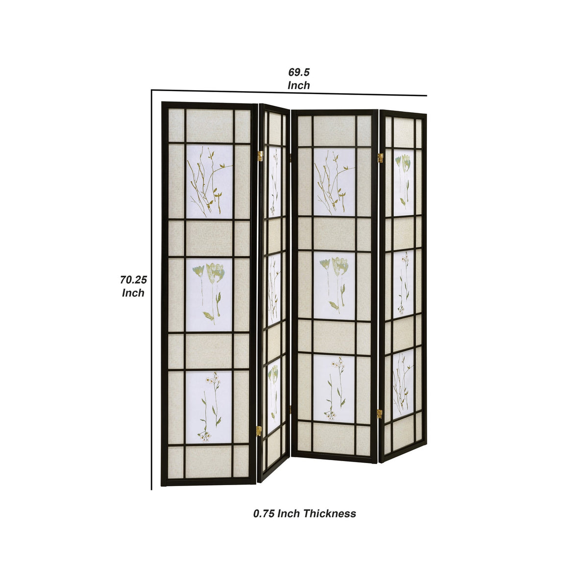 4 Panel Screen with Floral Print Detailing and Wooden Frame, Black  - BM242729