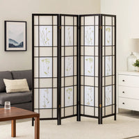 4 Panel Screen with Floral Print Detailing and Wooden Frame, Black  - BM242729