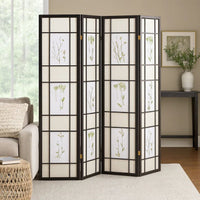 4 Panel Screen with Floral Print Detailing and Wooden Frame, Black  - BM242729