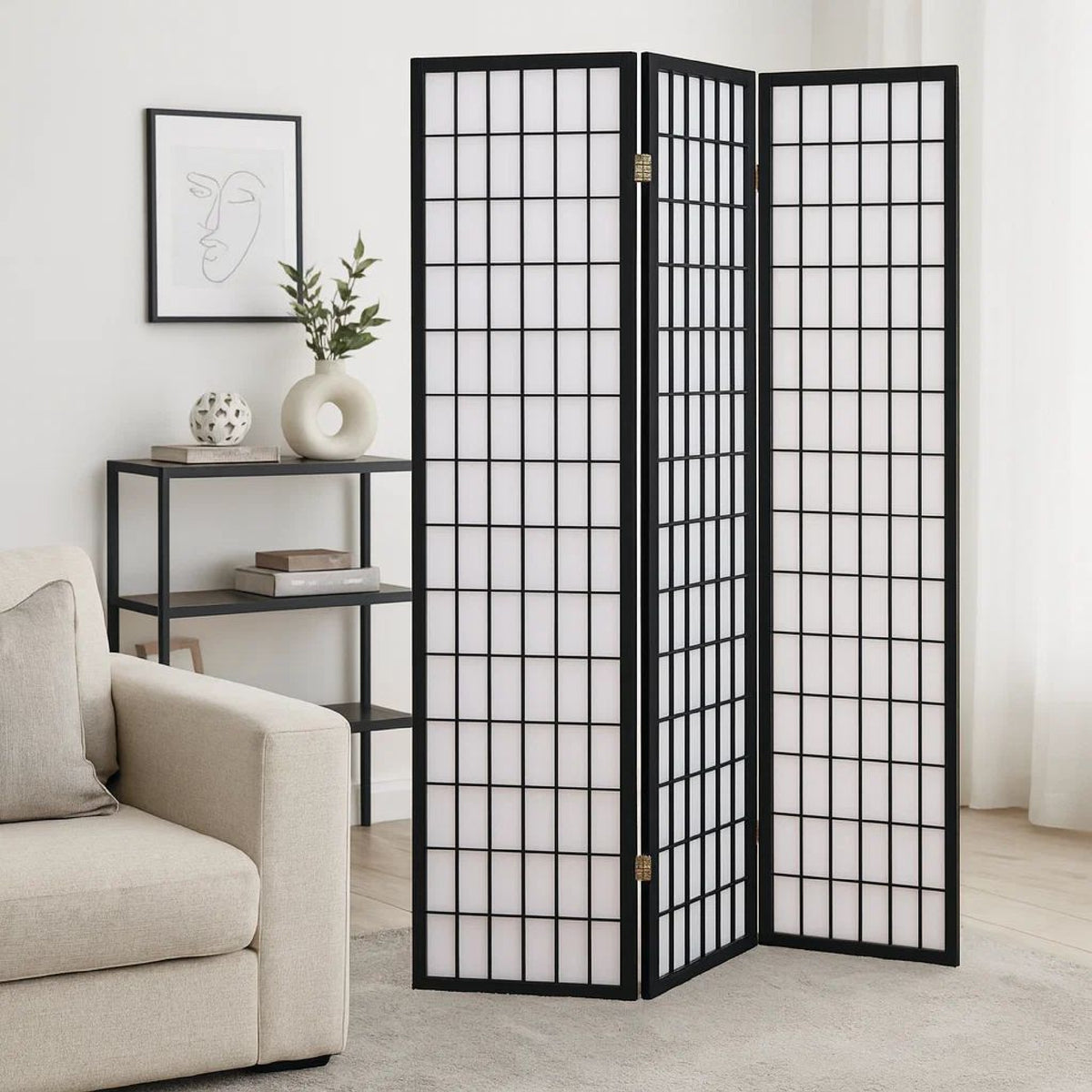 3 Panel Screen with Grid Design Wooden Frame, Black  - BM242730