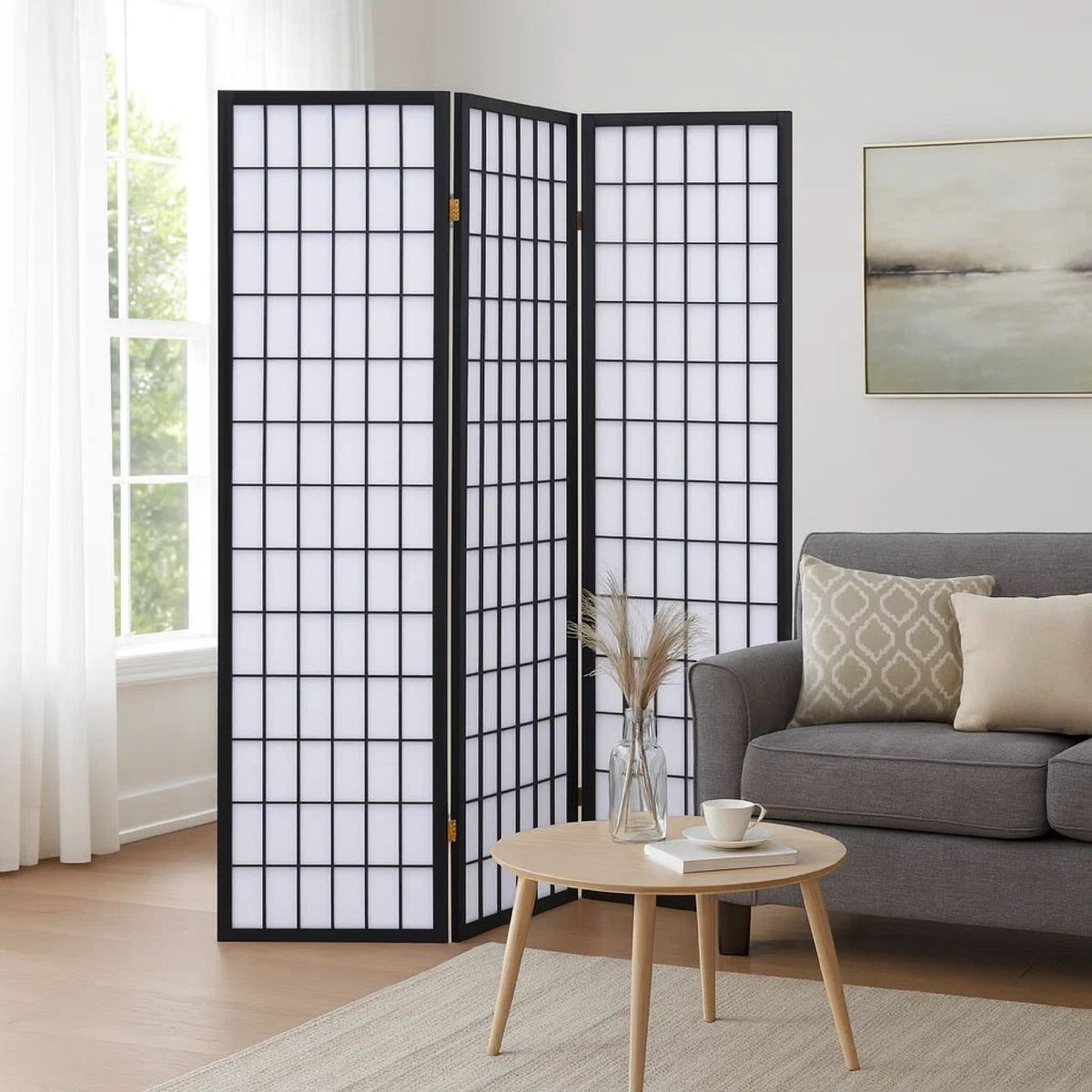 3 Panel Screen with Grid Design Wooden Frame, Black  - BM242730