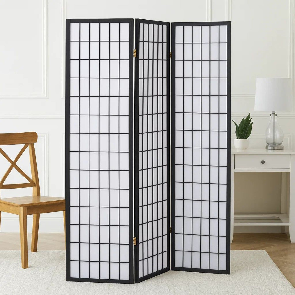 3 Panel Screen with Grid Design Wooden Frame, Black  - BM242730