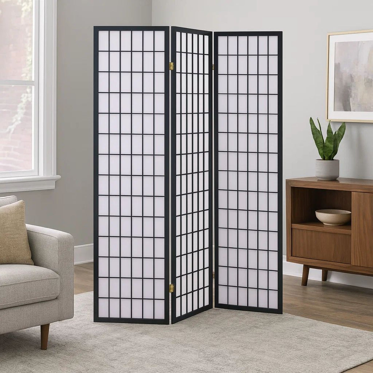 3 Panel Screen with Grid Design Wooden Frame, Black  - BM242730