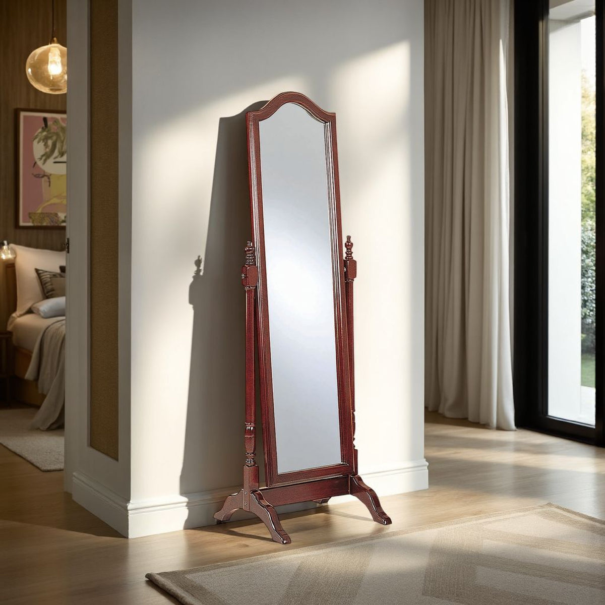Standing Cheval Mirror with Wooden Frame Turned Posts, Brown  - BM242735