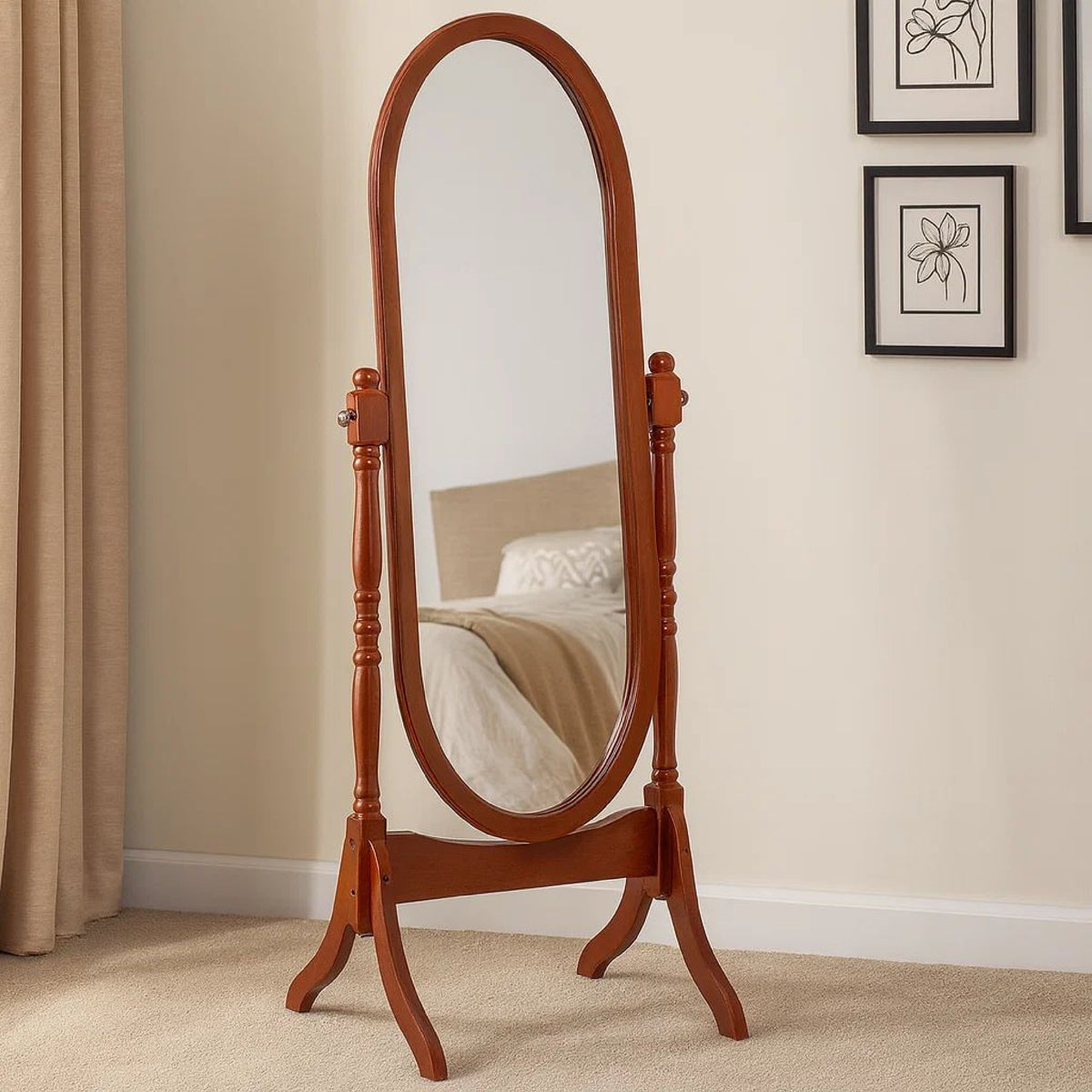 Standing Cheval Mirror with Oval Frame Turned Posts, Brown  - BM242736