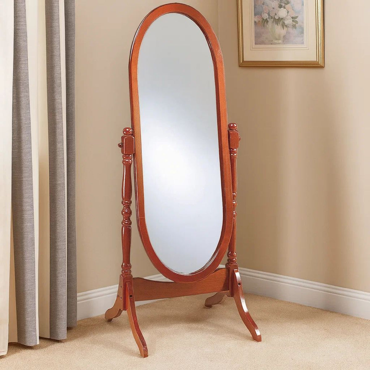Standing Cheval Mirror with Oval Frame Turned Posts, Brown  - BM242736