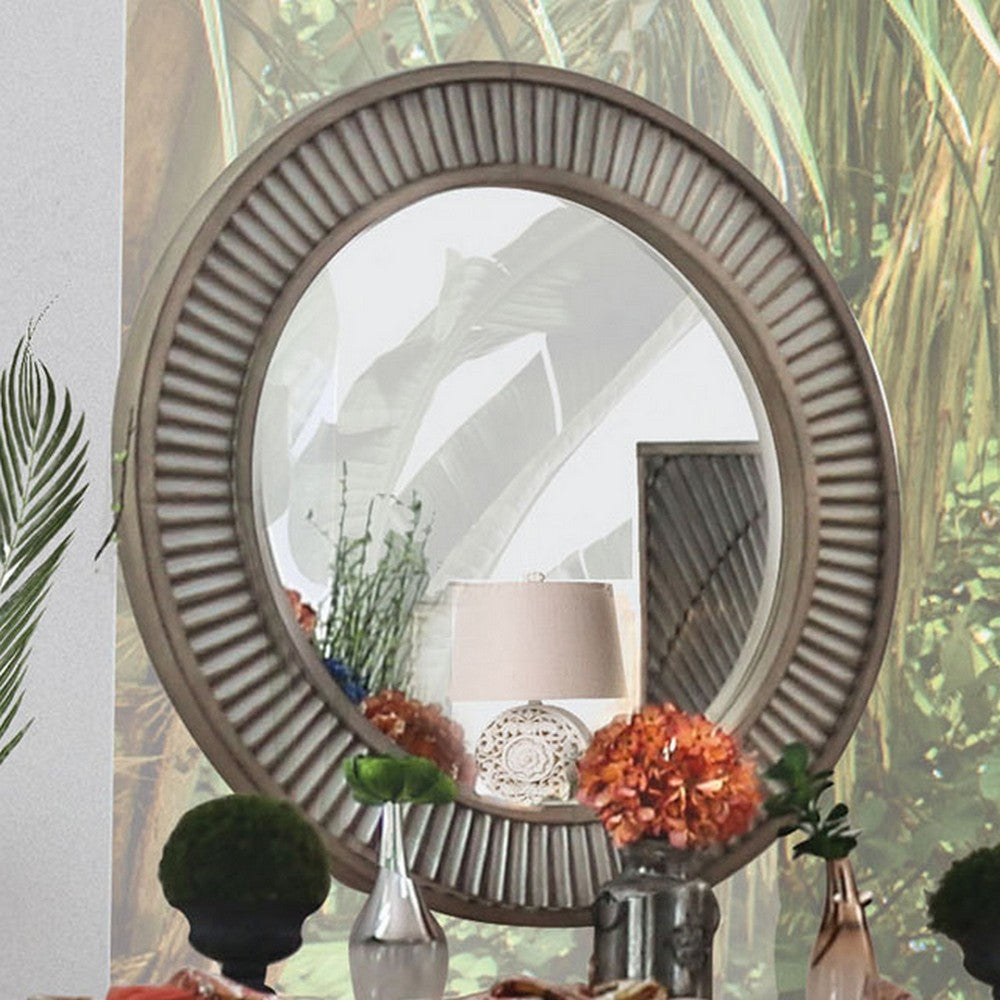 Wall Mirror with Round Reeded Design Wooden Frame, Antique Gray - BM245804