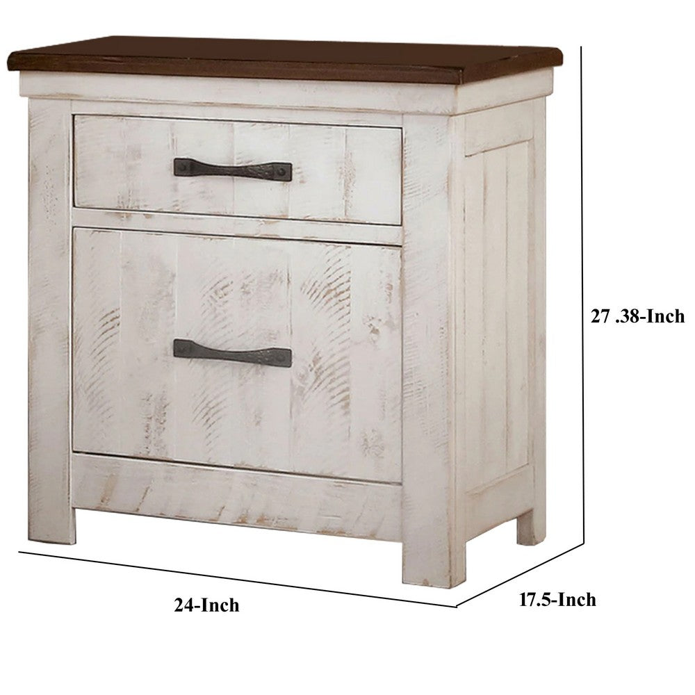 Nightstand with Plank Design 2 Drawers and USB Plugs, White and Brown - BM245814