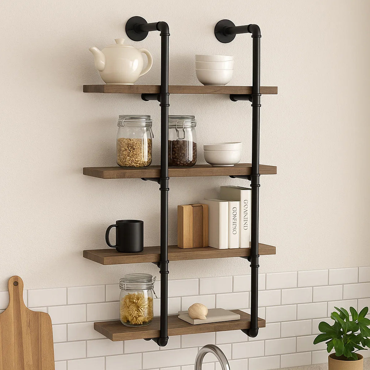 Wall Shelf with 4 Shelves and Piped Metal Frame, Brown and Black  - BM245876
