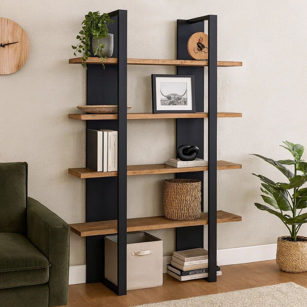 Bookcase with 4 Tier Shelves and Wooden Frame, Brown and Black - BM245878