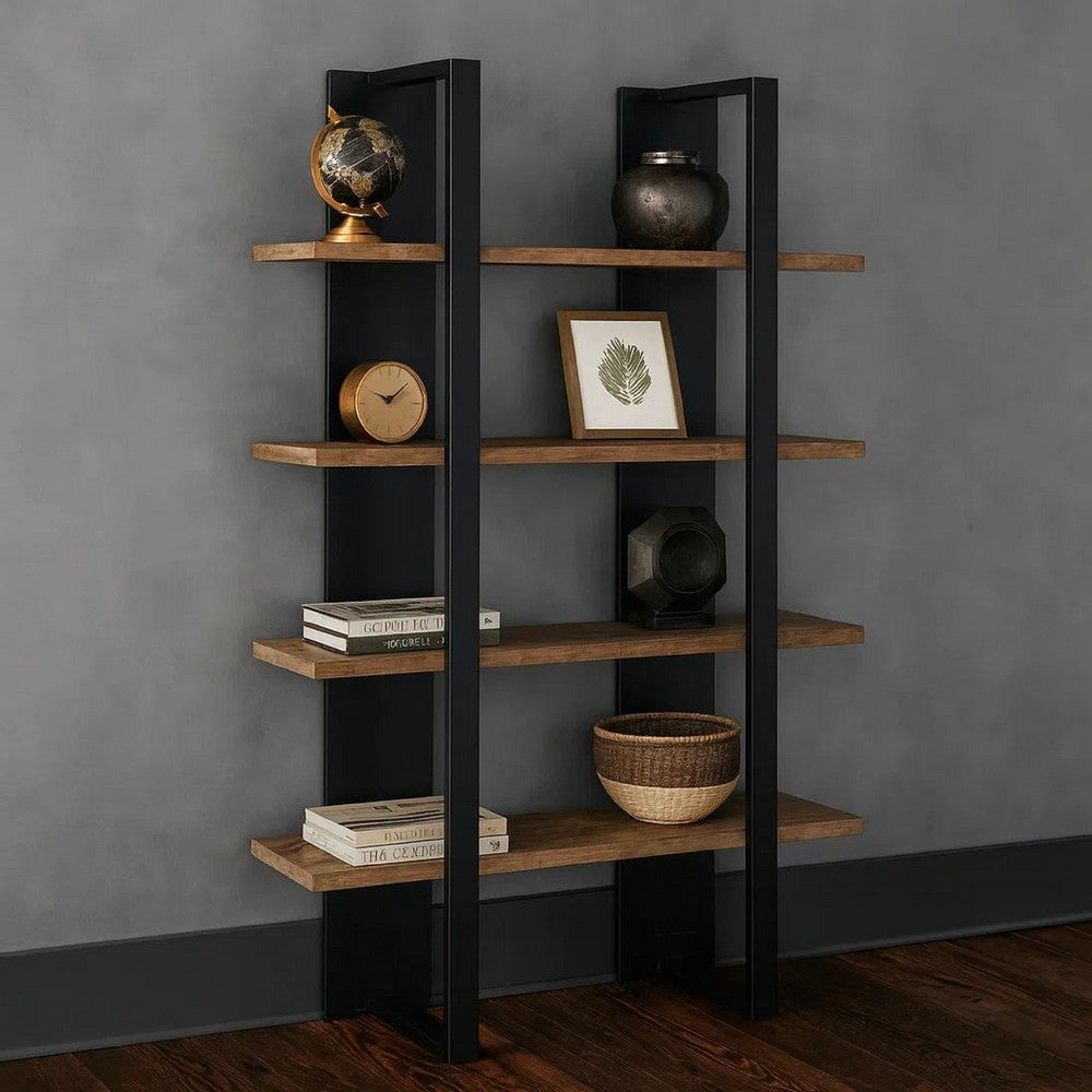 Bookcase with 4 Tier Shelves and Wooden Frame, Brown and Black - BM245878