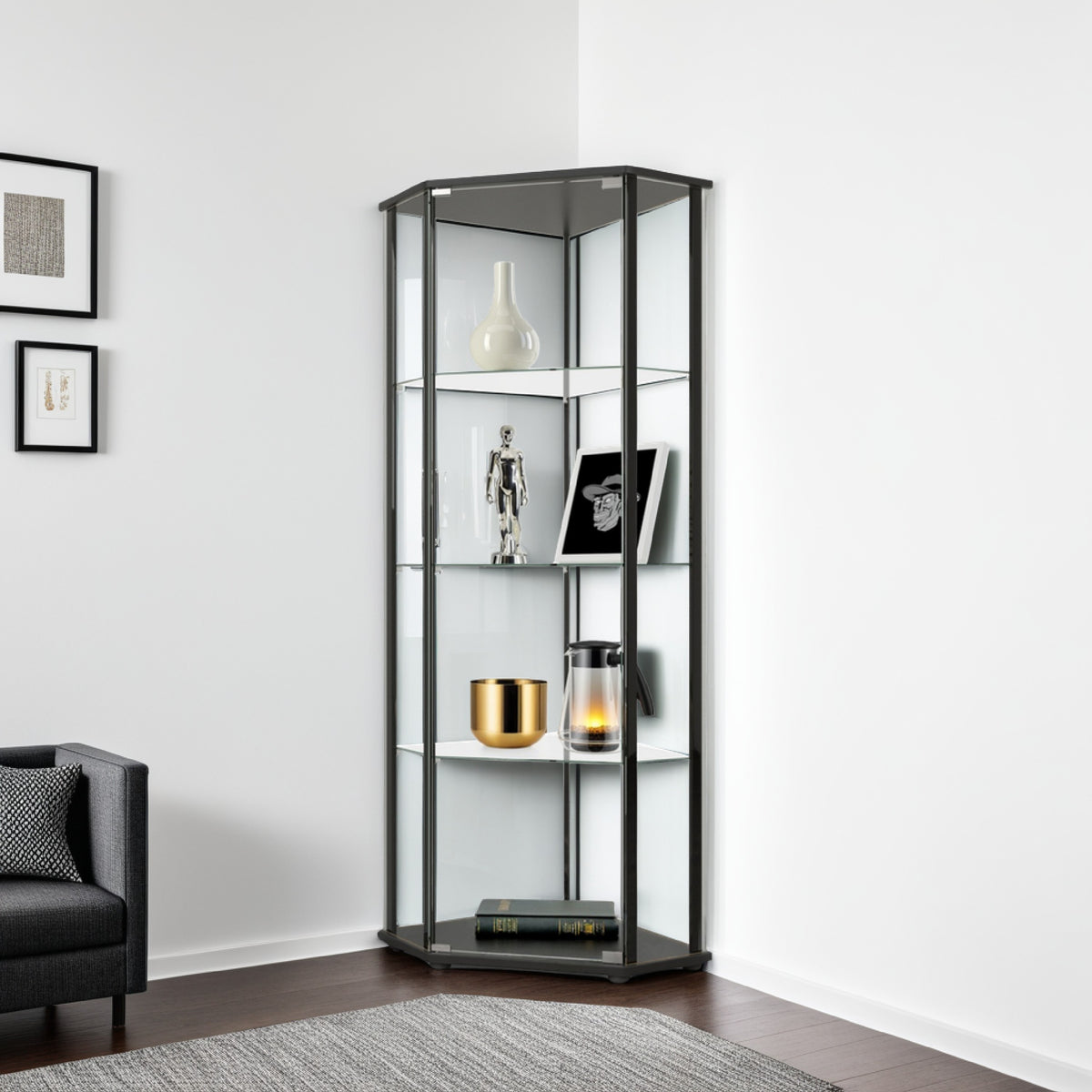 Metal Curio Cabinet with 1 Door and 3 Glass Shelves, Black  - BM245890