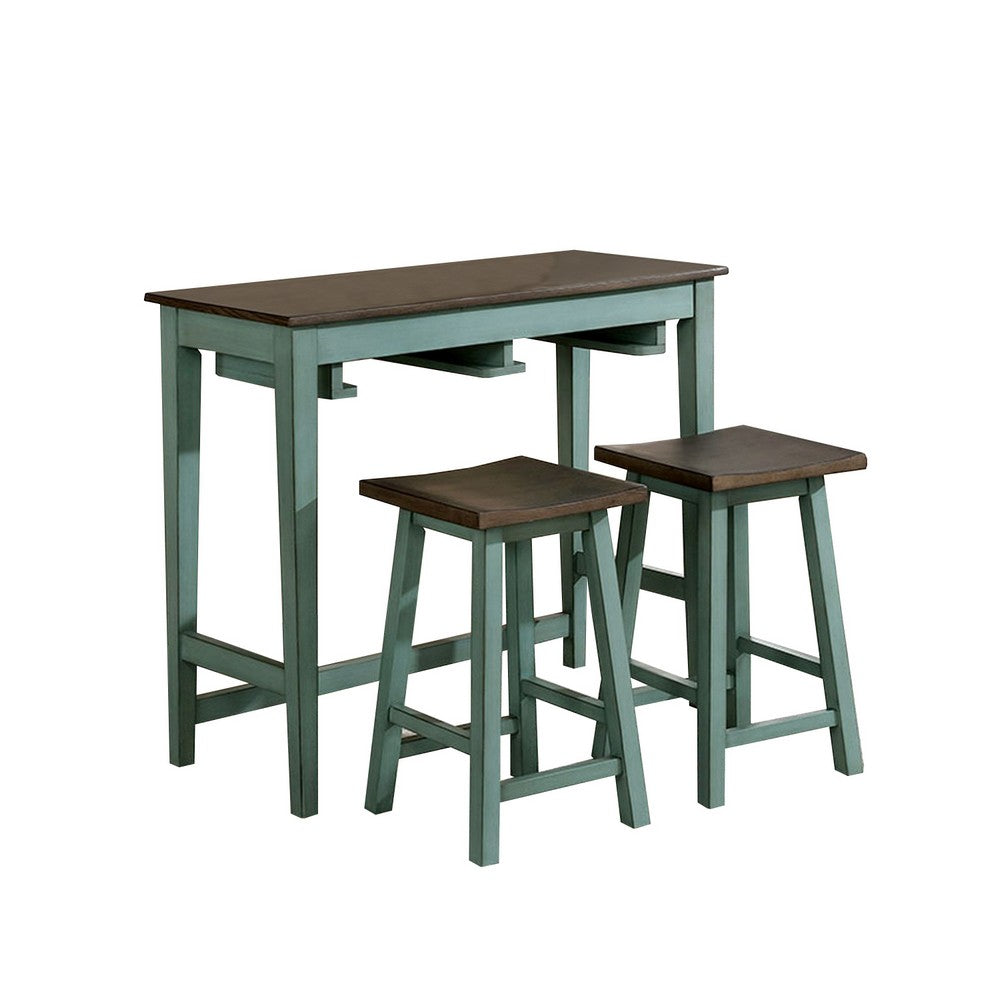 3 Piece Bar Table Set with Contoured Seat, Antique Blue and Brown - BM245923