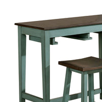 3 Piece Bar Table Set with Contoured Seat, Antique Blue and Brown - BM245923