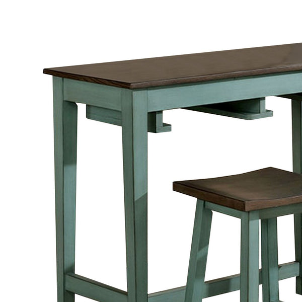 3 Piece Bar Table Set with Contoured Seat, Antique Blue and Brown - BM245923