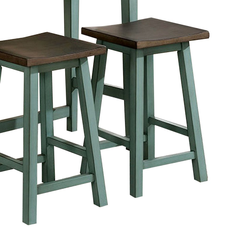 3 Piece Bar Table Set with Contoured Seat, Antique Blue and Brown - BM245923