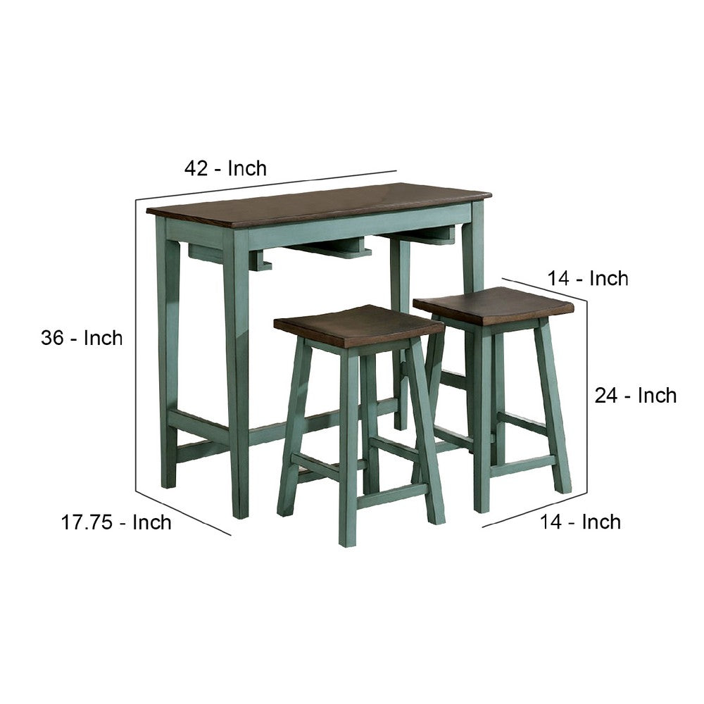 3 Piece Bar Table Set with Contoured Seat, Antique Blue and Brown - BM245923