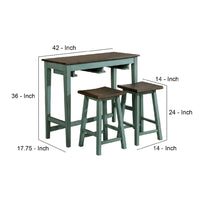 3 Piece Bar Table Set with Contoured Seat, Antique Blue and Brown - BM245923