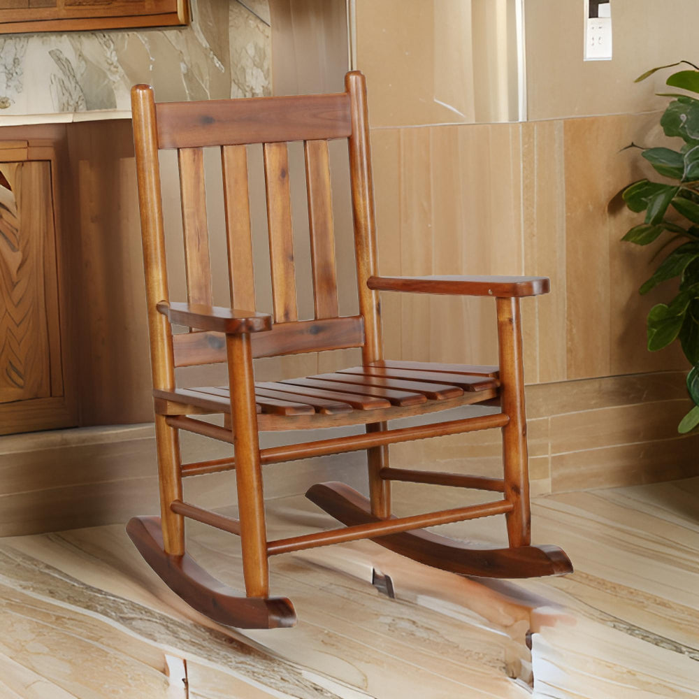 Rocking Chair with Slatted Design Back and Seat, Brown - BM246082