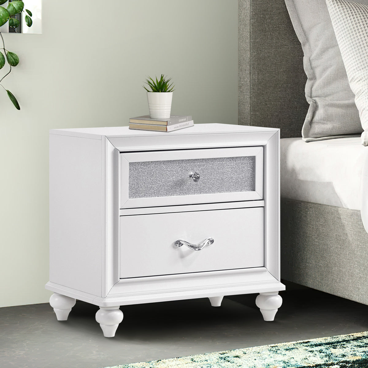 Nightstand with 2 Drawers and Glittery Acrylic Front, White  - BM246083